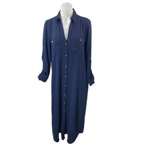 Zara Navy Blue Long Sleeve V Neck Collared Button Down Midi Shirt Dress Size S